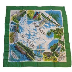Vintage‎ 50s Michigan Souvenir Map Scarf Rayon Silk Hand Rolled Japan Green